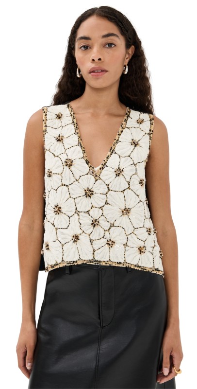La DoubleJ Embroidered V Neck Scala Top Crystal Chiffon Embroidery
