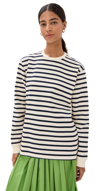 Tibi Striped Perfect Tee Crew Neck Navy Multi
