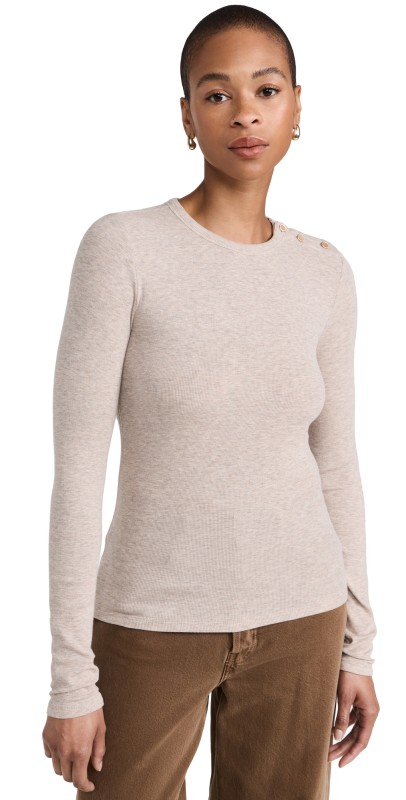 FRAME Rib Button Crew Top Oatmeal Heather