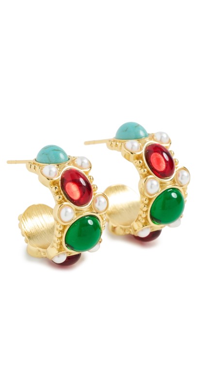 Kenneth Jay Lane Pearl Hoop Pierced Earrings Gold/Multi Dark/Turquoise/Pear
