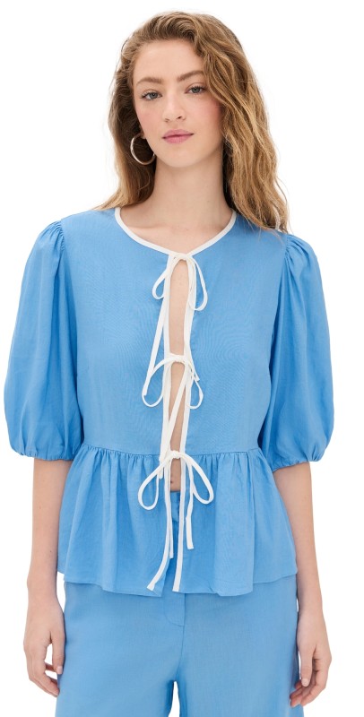 Dress To Tie Front Blouse Aura Blue/Offwht