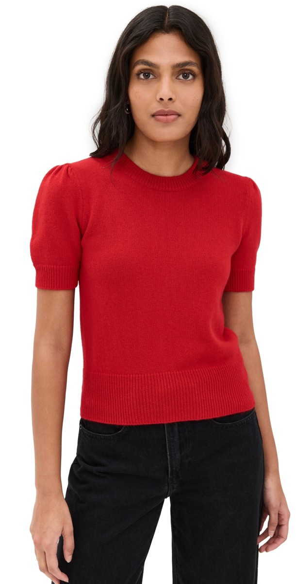 FRAME Ruched Sleeve Cashmere Sweater True Red