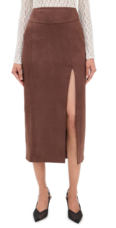 BARDOT Dante Vegan Suede Midi Skirt Chocolate
