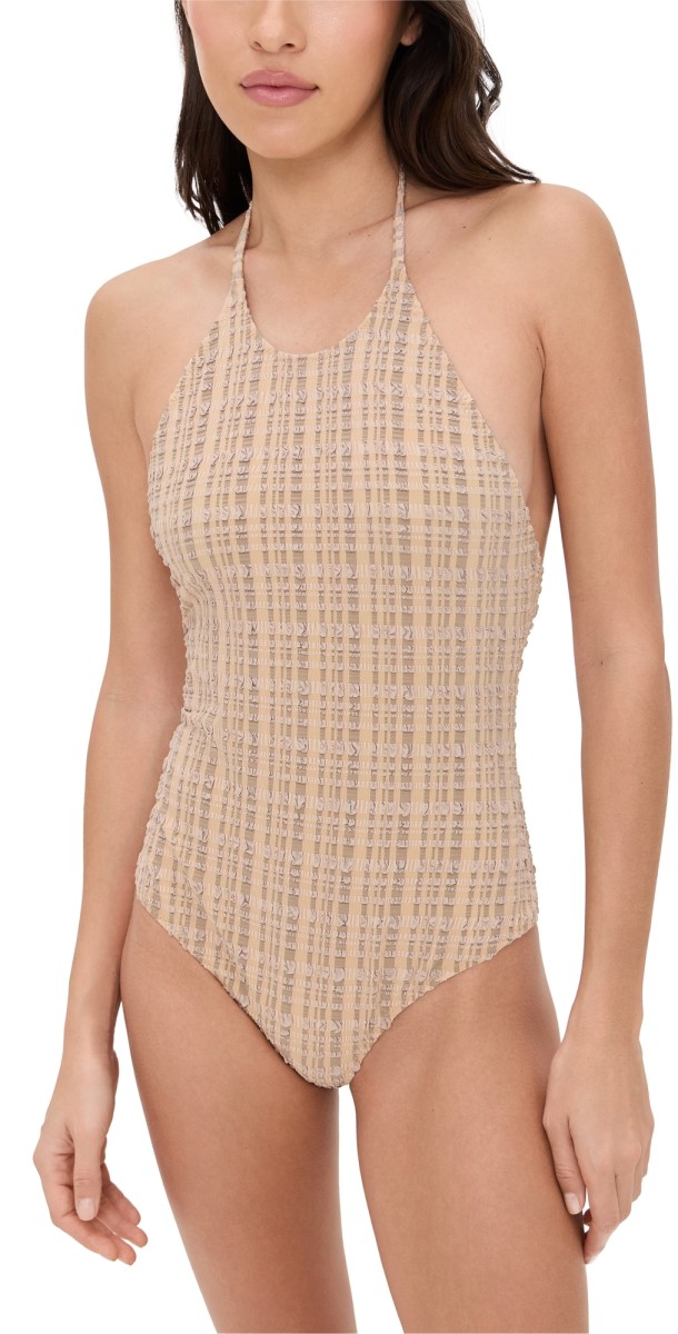 Lisa Marie Fernandez Halter Maillot Sand Striped Seersucker