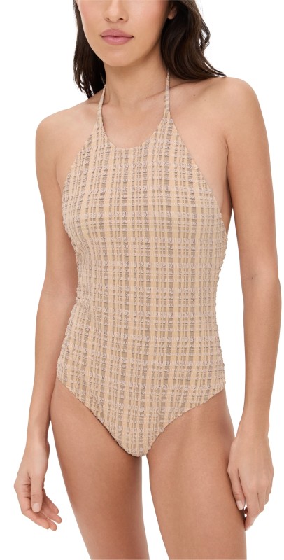 Lisa Marie Fernandez Halter Maillot Sand Striped Seersucker