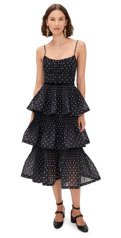 Zimmermann Pleated Tiered Midi Dress Black/Cream Polka Dot