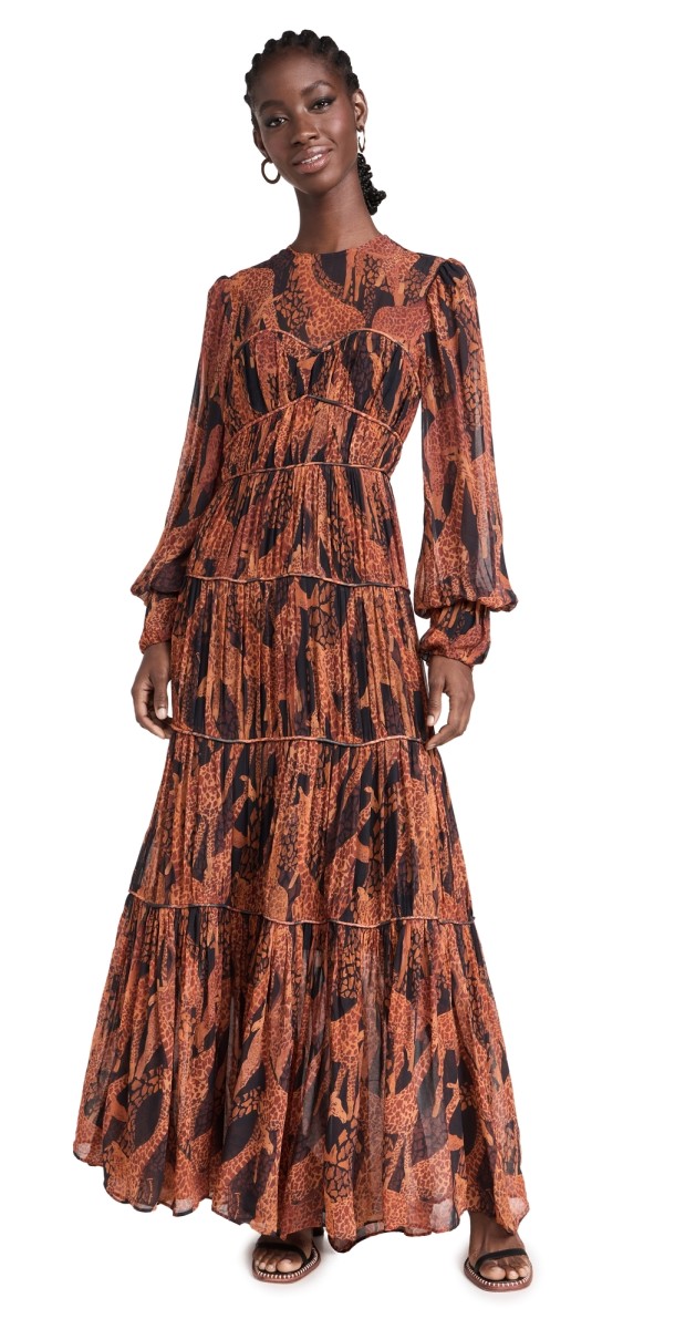 FARM Rio Giraffes Black Puff Sleeve Maxi Dress Giraffes Black