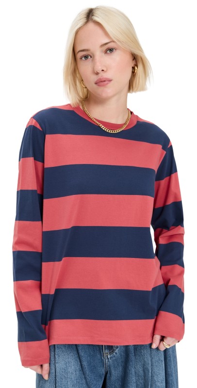 Clare V. Long Sleeve Tee Poppy & Navy Rugby Stripe