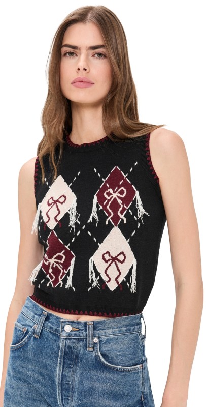 Another Girl Bow Argyle Knitted Tank Black