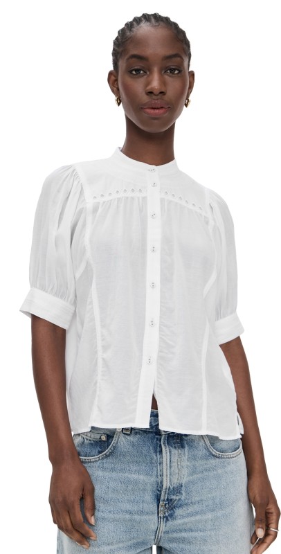 Madewell Embroidered Puff-Sleeve Band-Collar Shirt White