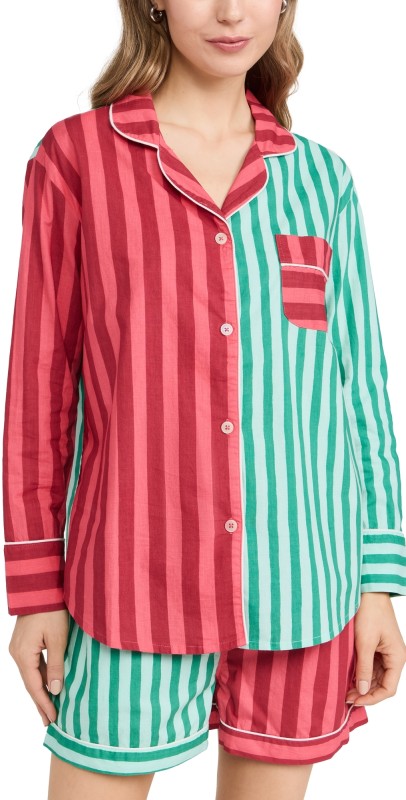 Printfresh Long Sleeve & Shorts PJ Set Holiday Stripes/Peppermint
