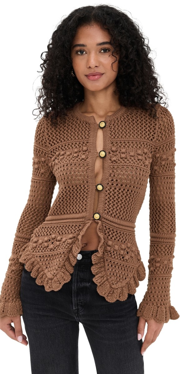 L'AGENCE Kiva Open Stitch Ruffle Cardigan Dark Cinnamon Swirl/Gold