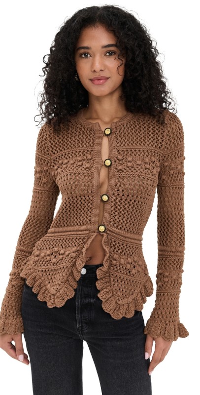 L'AGENCE Kiva Open Stitch Ruffle Cardigan Dark Cinnamon Swirl/Gold
