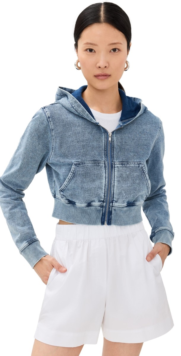 Good American Jeanius Shrunken Zip Hoodie Indigo586