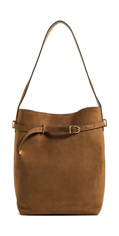 Madewell The Essential Belted Bucket Tote In Suede Dried Acor