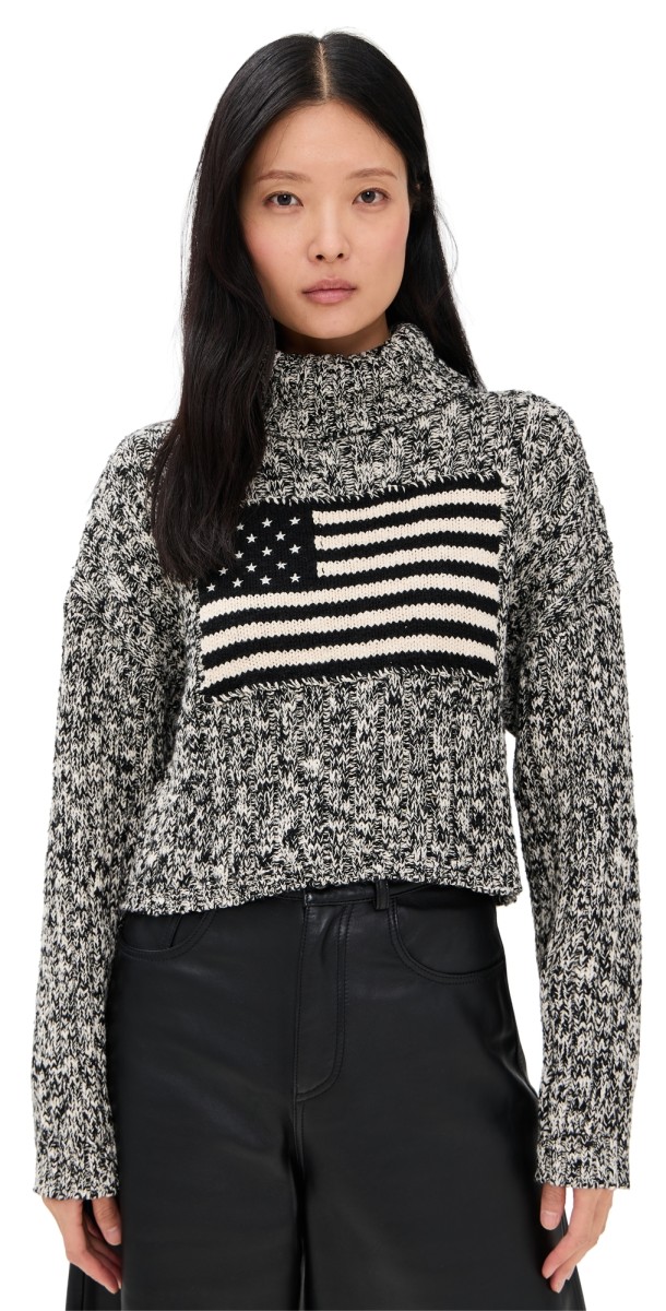 Denimist American Flag Cropped Turtleneck Sweater Marled Black/Cream