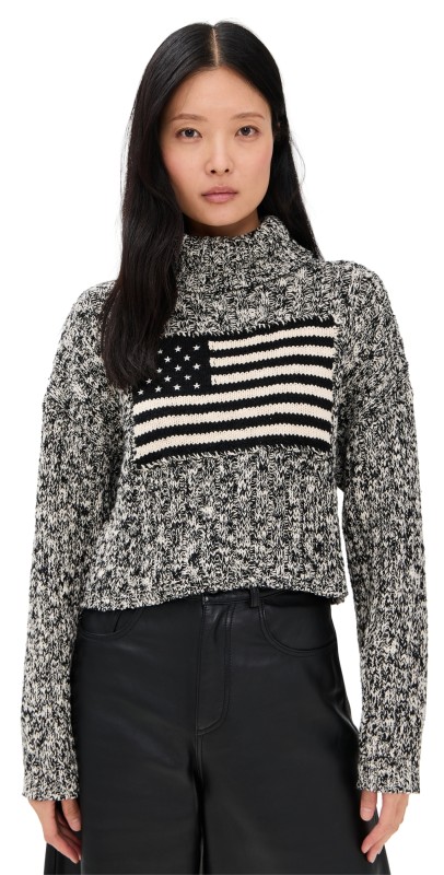 Denimist American Flag Cropped Turtleneck Sweater Marled Black/Cream