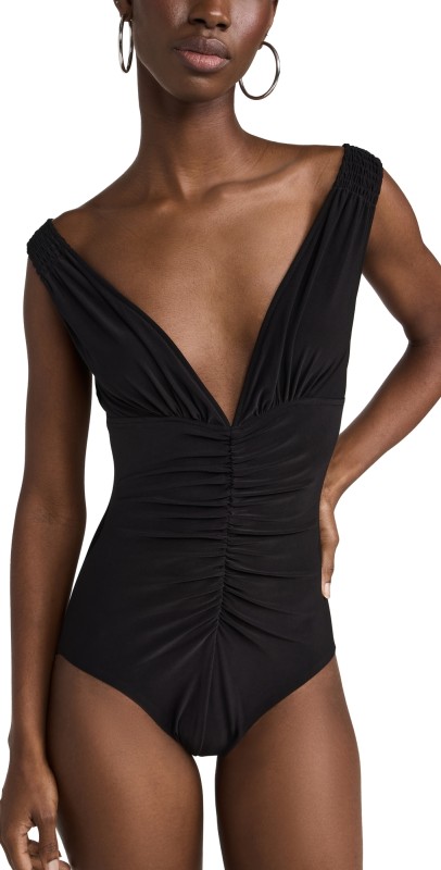 Norma Kamali Tara Shirred Front Mio One Piece Black