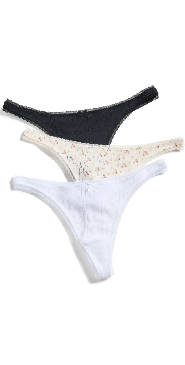 COUCOU Pointelle Thong 3 Pack Black/White/English Rose