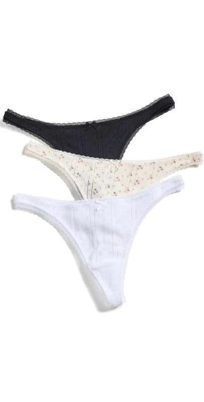 COUCOU Pointelle Thong 3 Pack Black/White/English Rose