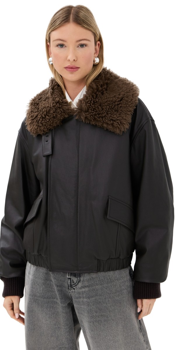 Lemaire Leather Blouson with Shearling Collar Dark Espresso