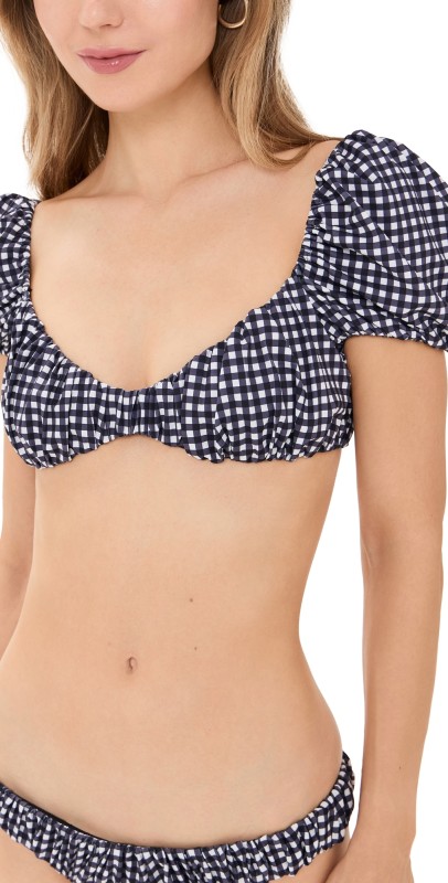 CAROLINE CONSTAS Zoe Bikini Top Black Ivory Gingham