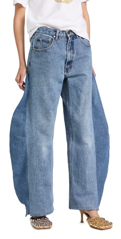 A. W.A. K.E. MODE Upcycled Jeans with Curved Side Inserts Blue Denim