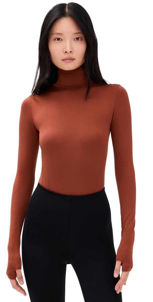 Commando Prima Ballet Turtleneck Thong Bodysuit with Thumbholes Brick