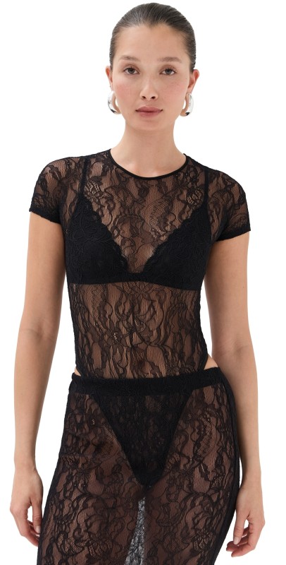 WARDROBE. NYC Lace Cap Sleeve Bodysuit Black