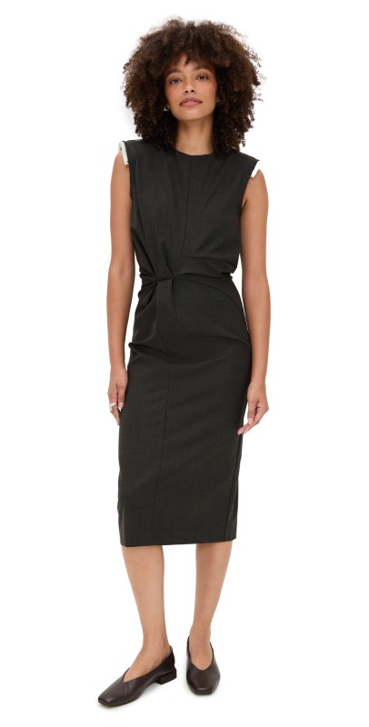 MEIMEIJ Wool Blend Sleeveless Midi Dress with Frayed Shoulder Charcoal