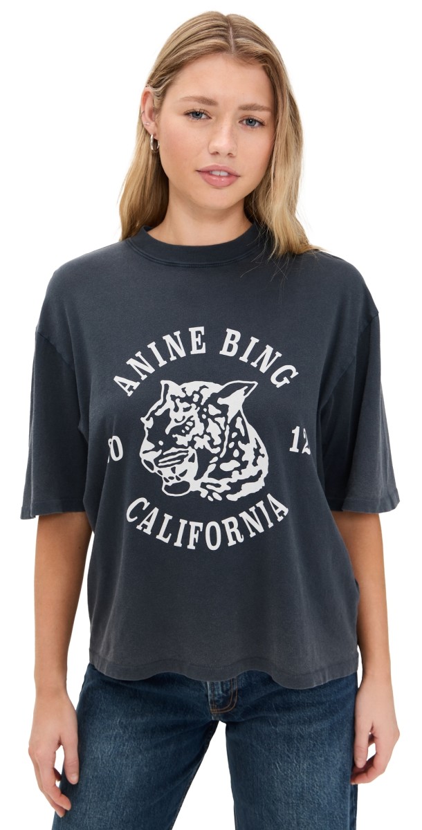 ANINE BING Collegiate Leopard Avi Tee Washed Charcoal