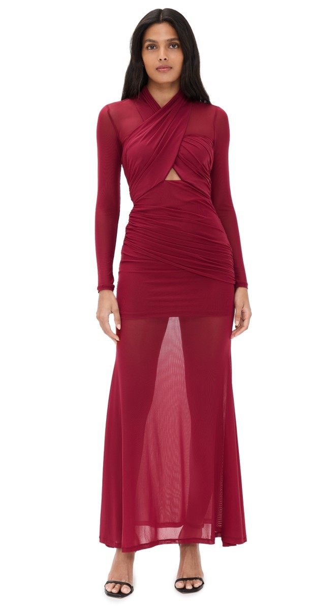 BARDOT Veria Wrap Mesh Maxi Dress Burgundy