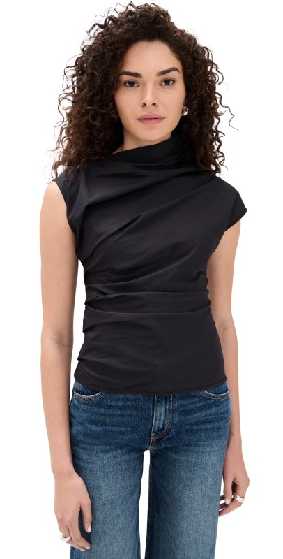 GANNI Stretch Cotton Ruched Top Black