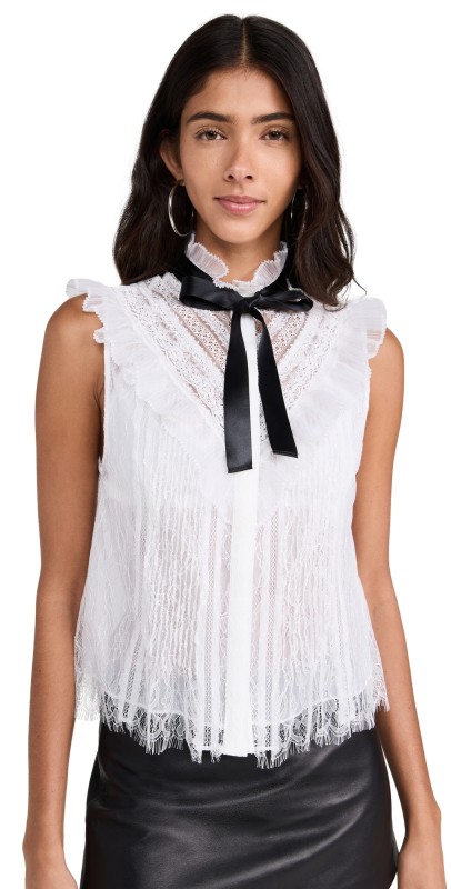 alice + olivia Rheba Mock Neck Ruffle Blouse Off White