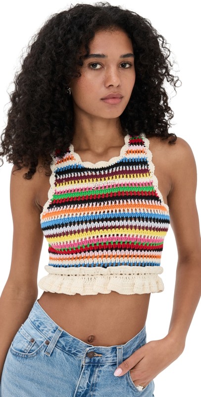 GANNI Cotton Crochet Frill Top Multicolour