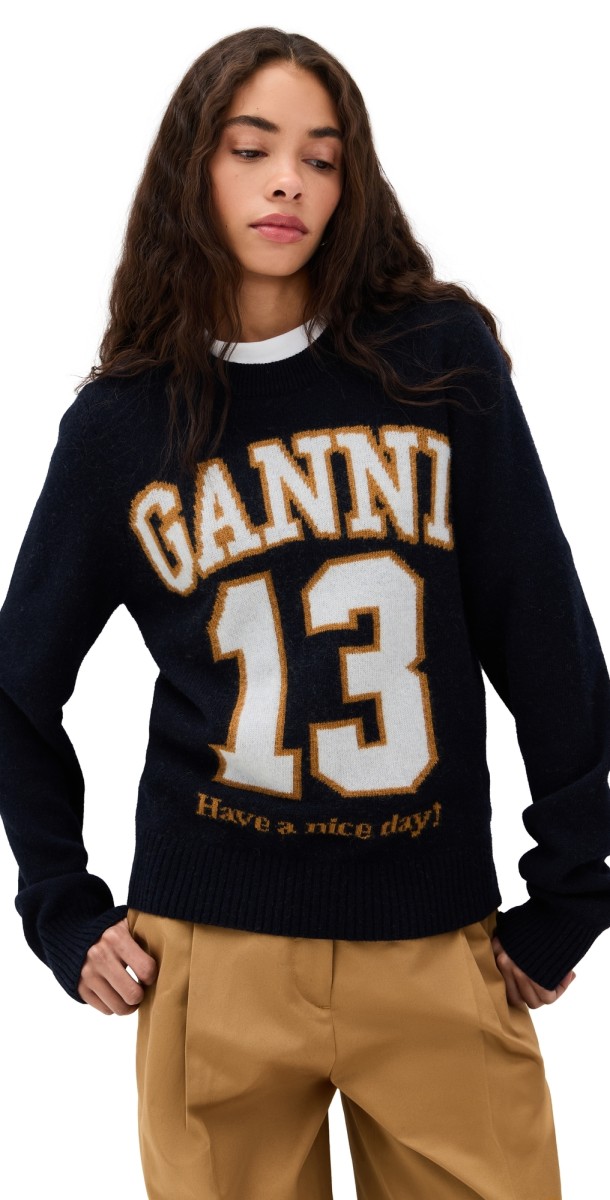 GANNI Graphic Wool Mix Baseball Crew Neck Pullover Sky Captain
