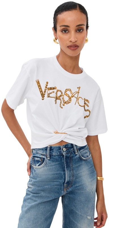 Versace Chain Print with Studs Cotton Jersey Tee Optical White