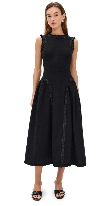 Self Portrait Black Boucle Sleeveless Midi Dress Black