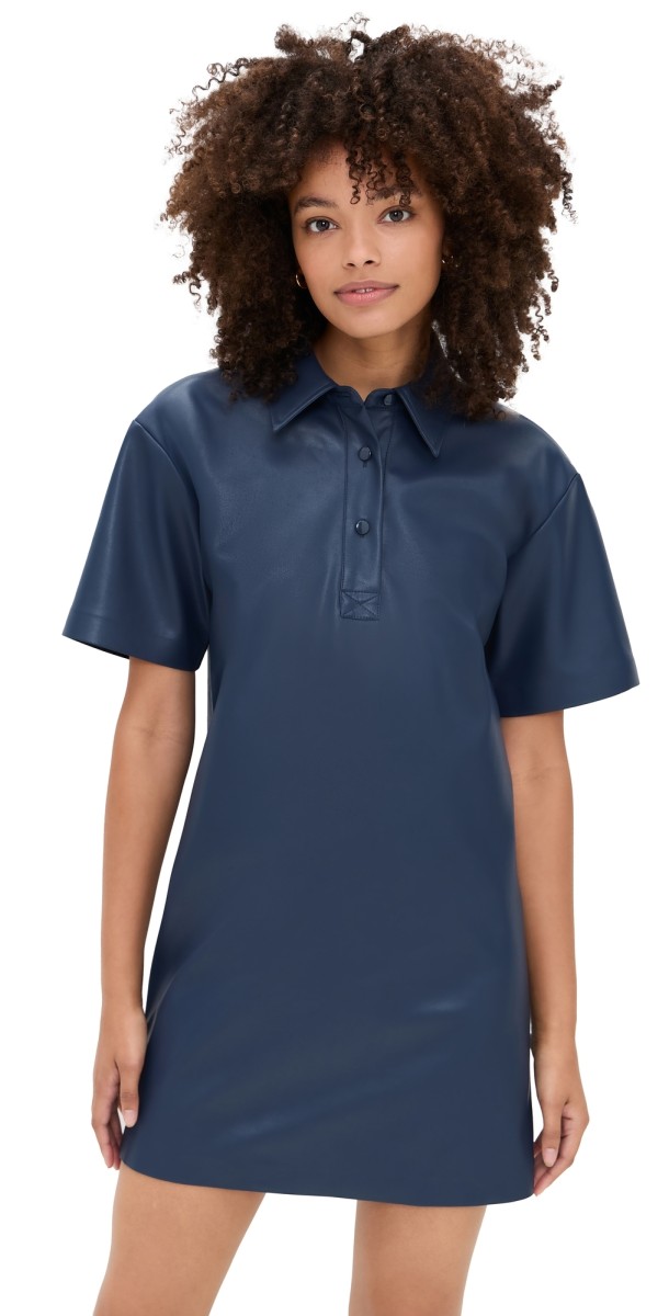 LE BOP Solene Faux Leather Polo Dress Midnight Navy