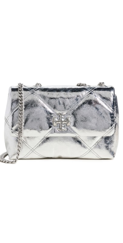 Tory Burch Kira Metallic Diamond Quilt Small Convertible Shoulder Bag Silver