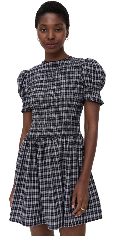 WAYF Eloise Smocked Short Sleeve Dress Black Plaid
