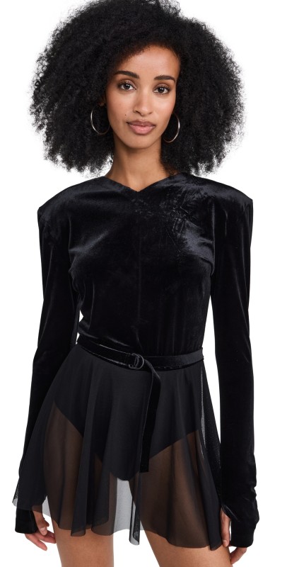 Norma Kamali Long Sleeve Shoulder Pad V Neck Flared Pickleball Dress Black