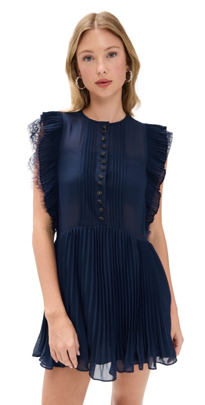 Self Portrait Navy Chiffon Ruffle Mini Dress Navy