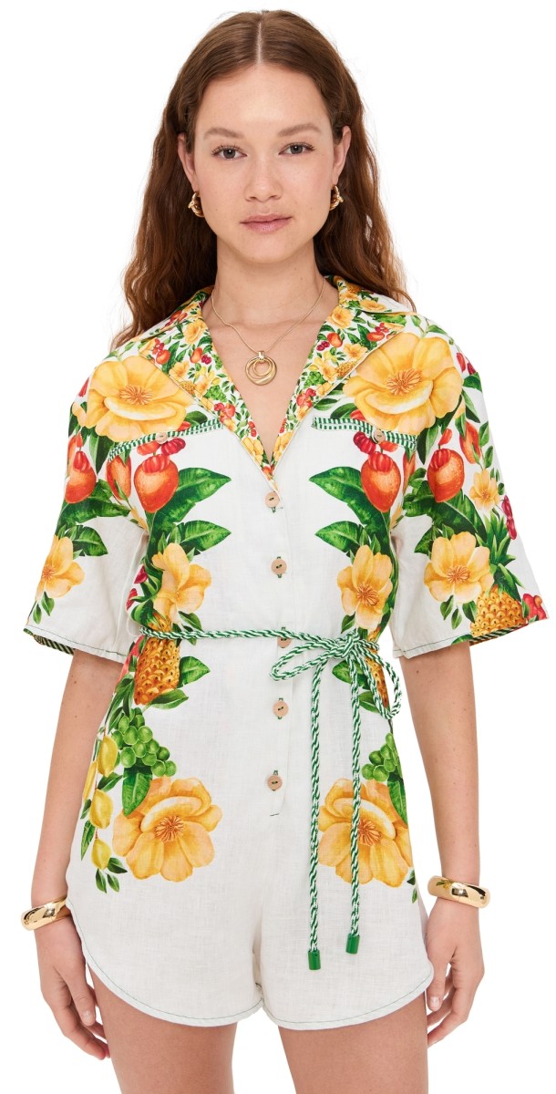 FARM Rio Picnic Flowers Off-White Buttoned Topstitching Romper Picnic Flowers Off White