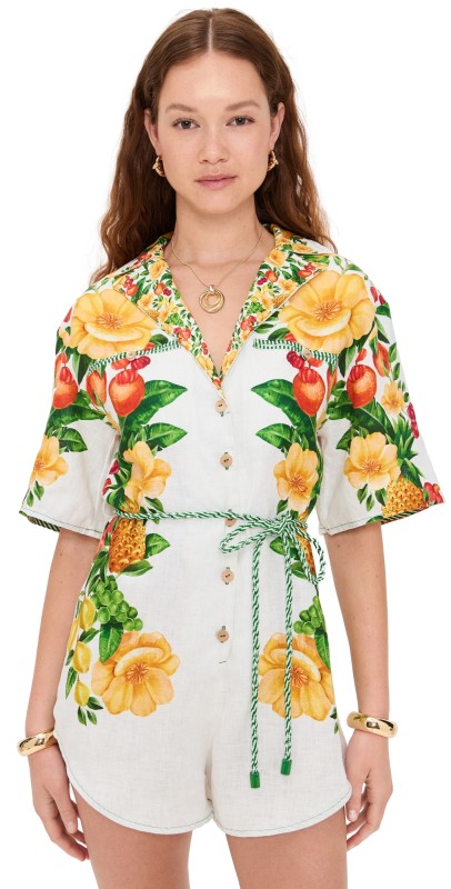 FARM Rio Picnic Flowers Off-White Buttoned Topstitching Romper Picnic Flowers Off White