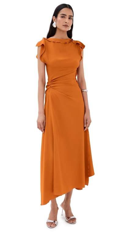 Victoria Beckham Drape Sleeve Midi Dress Sunset Orange