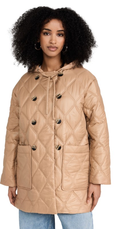GANNI Shiny Quilt Hooded Jacket Tanin