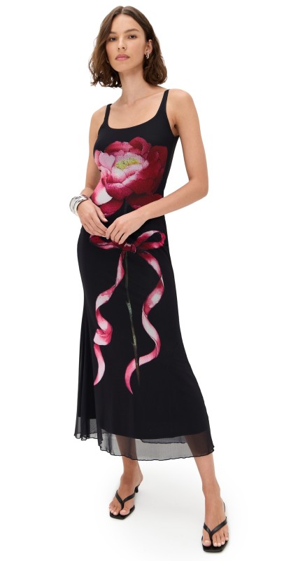 Another Girl Digital Flower Print Mesh Midi Dress Black