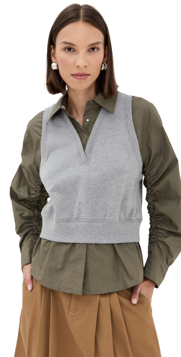 3.1 Phillip Lim Ruched Shirt with Combo Vest Grey Melange - Army