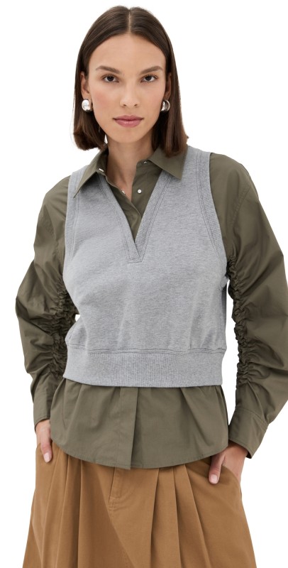 3.1 Phillip Lim Ruched Shirt with Combo Vest Grey Melange - Army